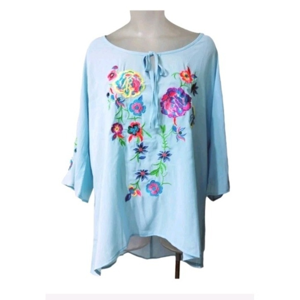 Signature Collection 2X Plus Tunic Pastel Blue Sheer Floral Embroidered Cover Up